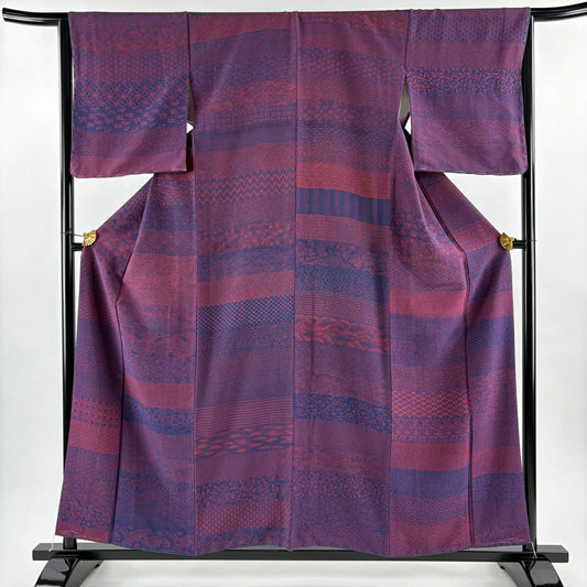 【美品】 江戶小紋 身長156cm 袖長65cm M 雙層 寄せ柄 花 紅色 純蠶絲 秀品級