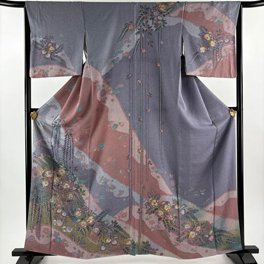【美品】訪問服 身長161.5cm 袖長65.5cm M 雙層 辻花染圖案 鴛鴦 金銀彩 染分 青紫 純蠶絲 秀品級