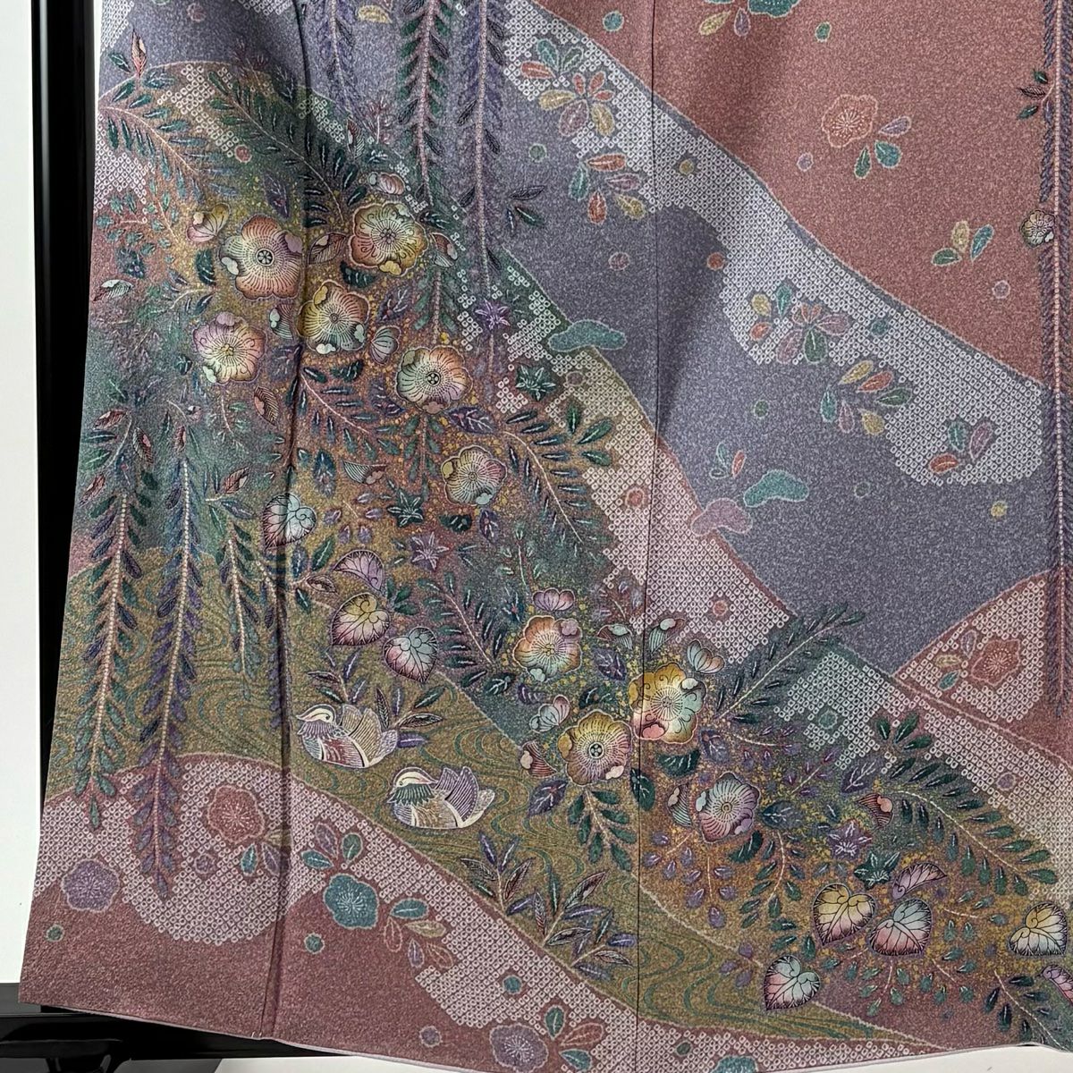 【美品】訪問服 身長161.5cm 袖長65.5cm M 雙層 辻花染圖案 鴛鴦 金銀彩 染分 青紫 純蠶絲 秀品級