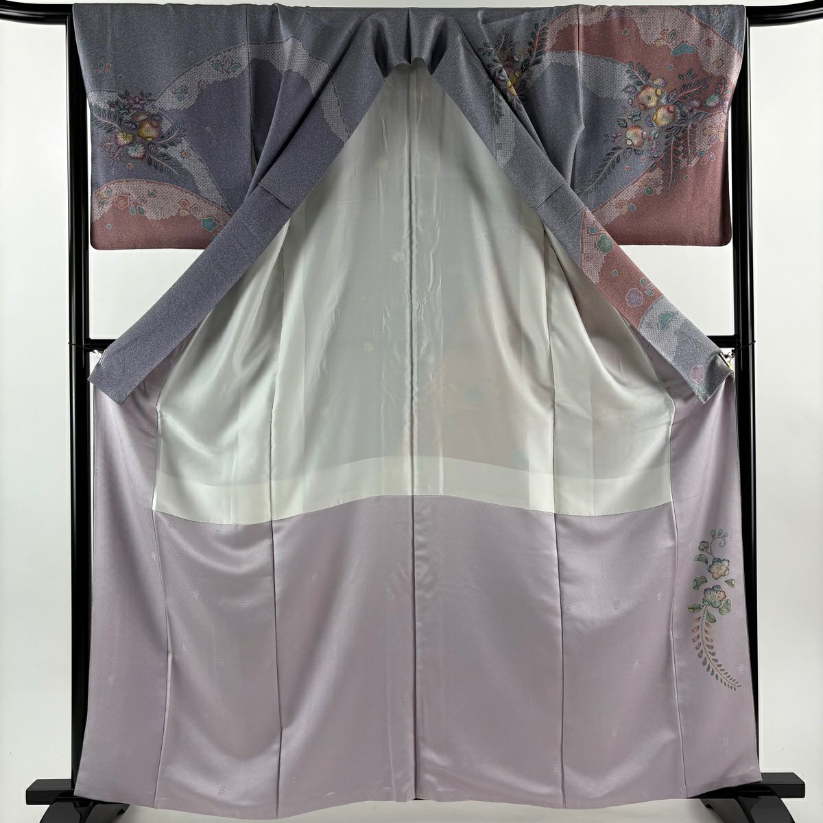 【美品】訪問服 身長161.5cm 袖長65.5cm M 雙層 辻花染圖案 鴛鴦 金銀彩 染分 青紫 純蠶絲 秀品級
