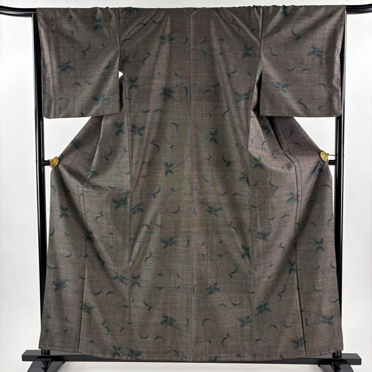 【美品】 紬織 身長160cm 袖長66cm M 雙層 花唐草紋 焦茶 純蠶絲 秀品級