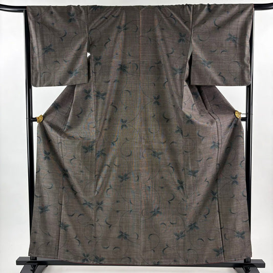 【美品】 紬織 身長160cm 袖長66cm M 雙層 花唐草紋 焦茶 純蠶絲 秀品級