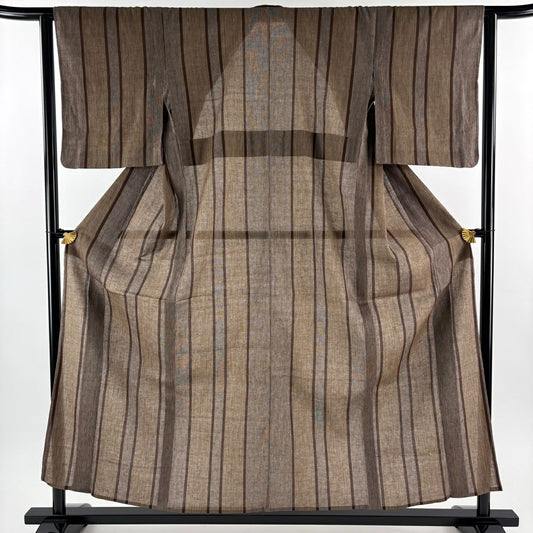 【美品】 紬織 身長156.5cm 袖長63cm S 薄物 夏紬織 鈕襟 縱條 焦茶 純蠶絲 秀品級