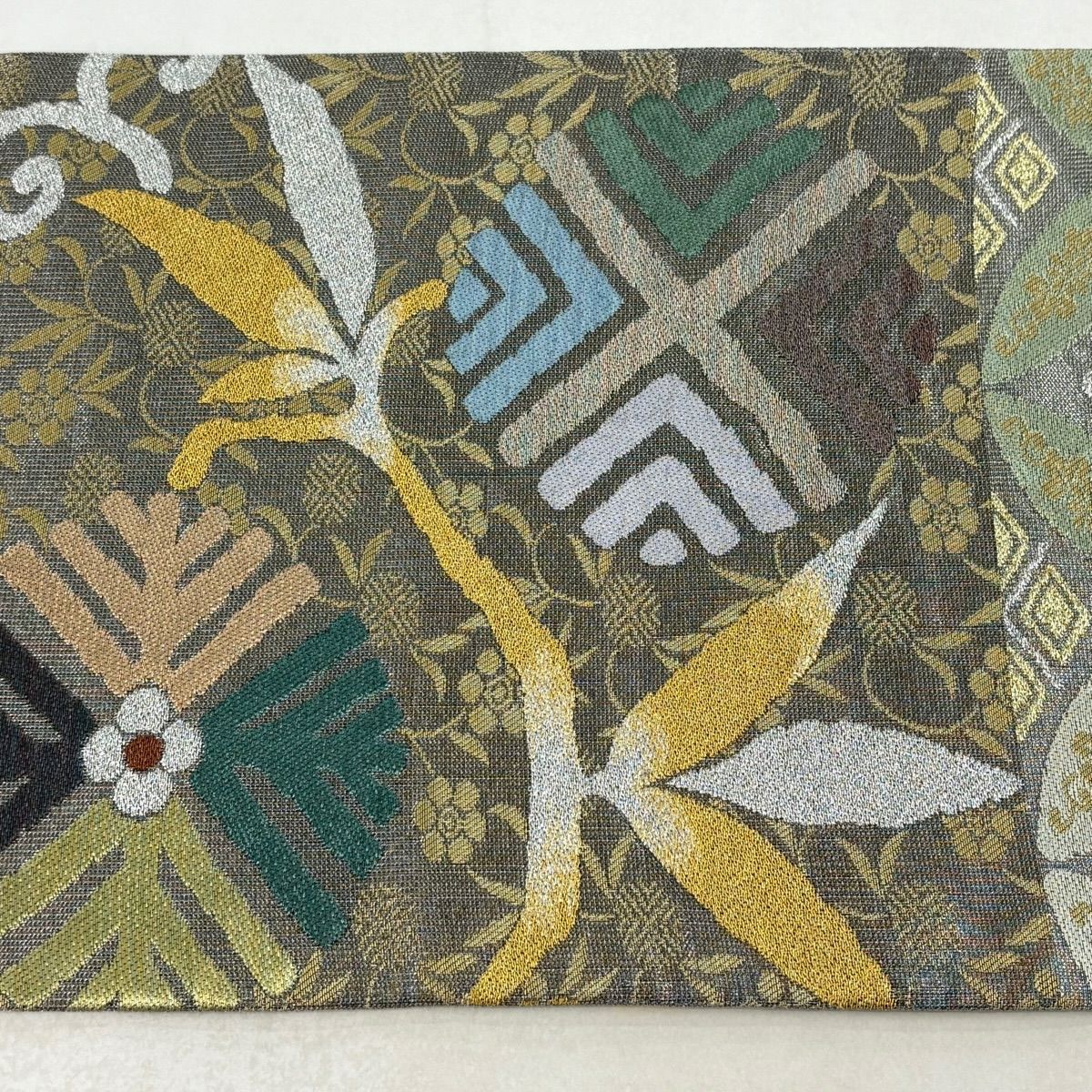 【美品】 袋帶 名品級 七寶紋 竹子藤 銀線 金金箔 銀 六通 純蠶絲