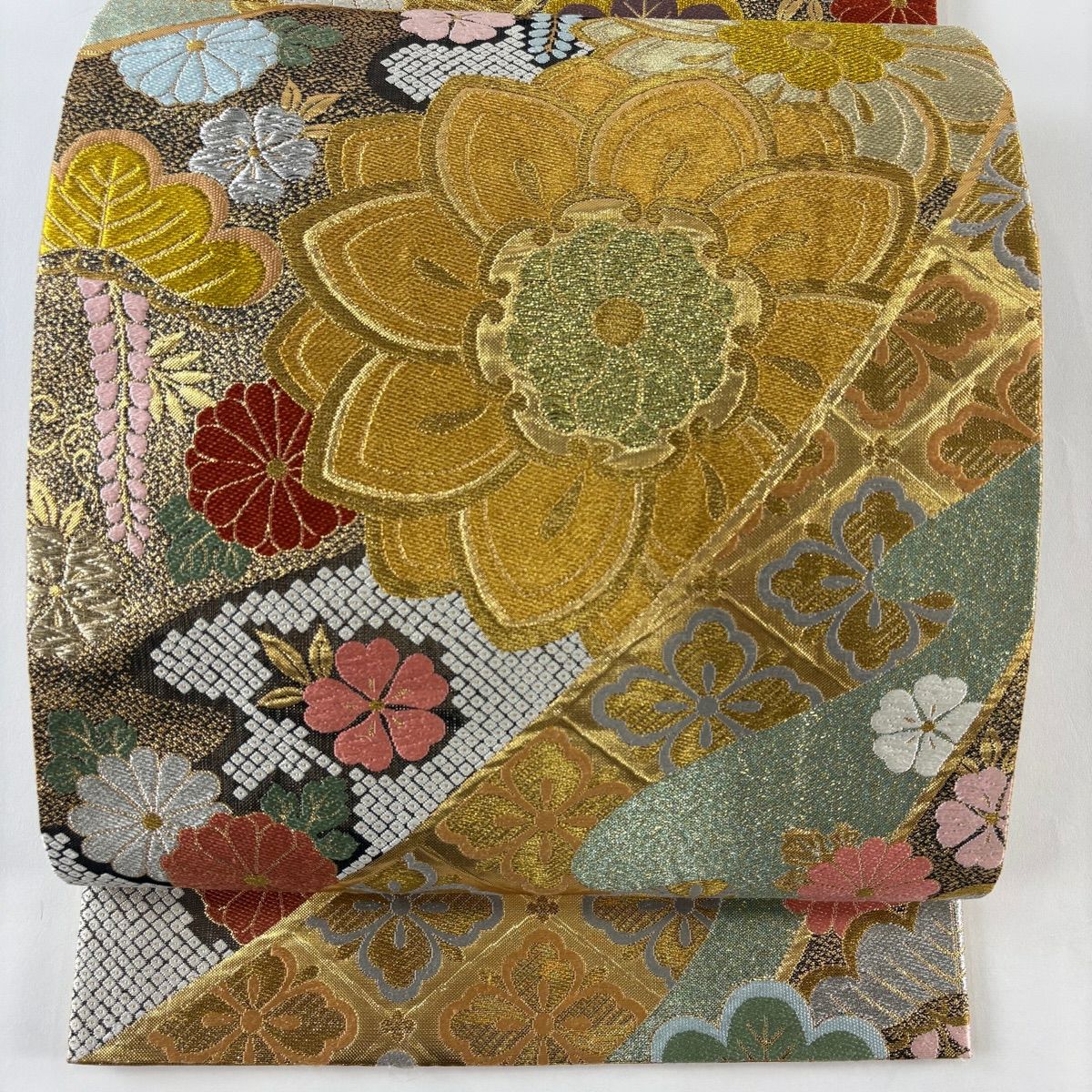 【美品】 袋帶 秀品級 花 花菱 金銀線 金金箔 金  六通 純蠶絲
