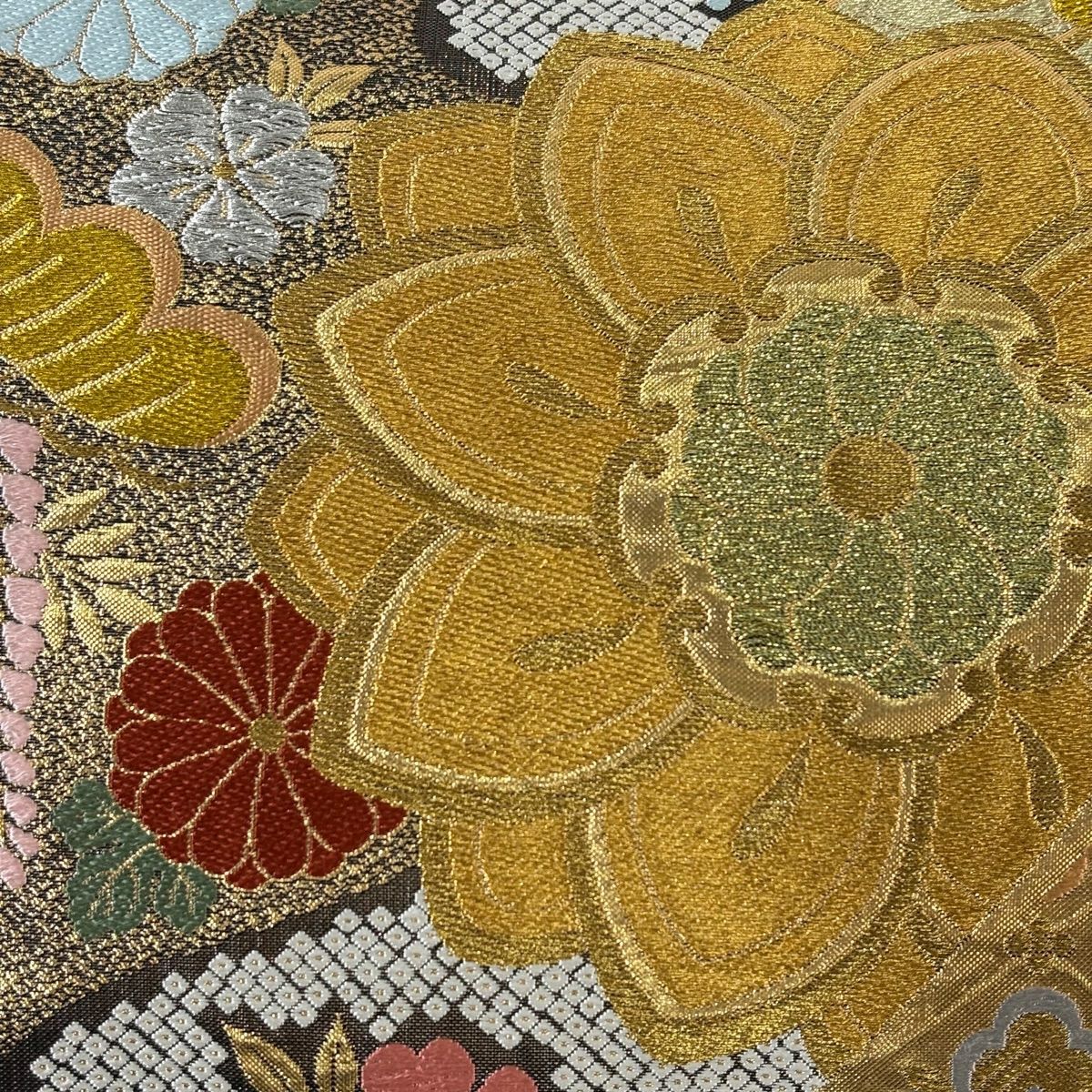 【美品】 袋帶 秀品級 花 花菱 金銀線 金金箔 金  六通 純蠶絲