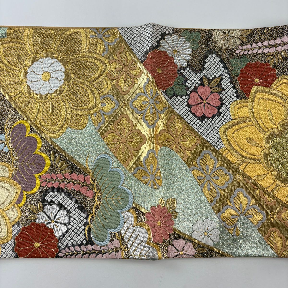 【美品】 袋帶 秀品級 花 花菱 金銀線 金金箔 金  六通 純蠶絲
