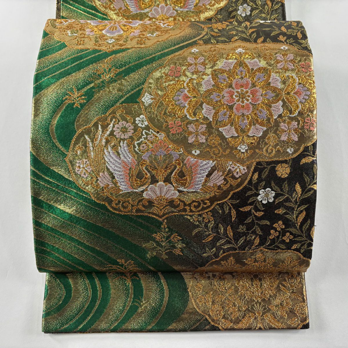 【美品】 袋帶 秀品級 鈴乃屋 華紋 向鳥 金絲 金銀彩 綠 六通 純蠶絲