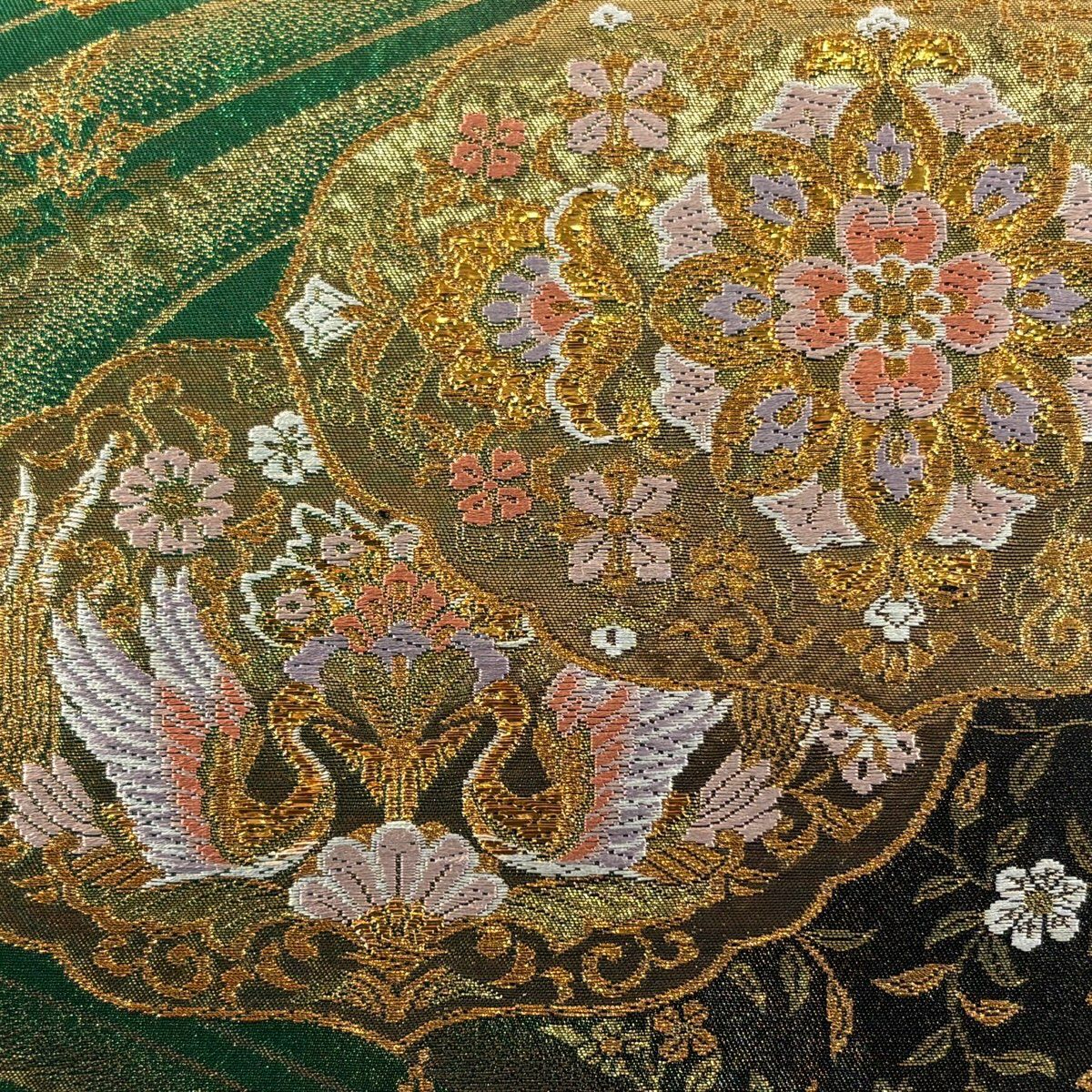 【美品】 袋帶 秀品級 鈴乃屋 華紋 向鳥 金絲 金銀彩 綠 六通 純蠶絲
