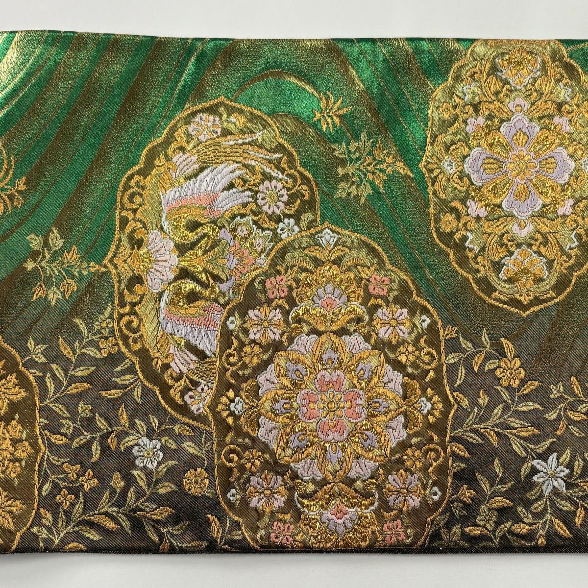【美品】 袋帶 秀品級 鈴乃屋 華紋 向鳥 金絲 金銀彩 綠 六通 純蠶絲