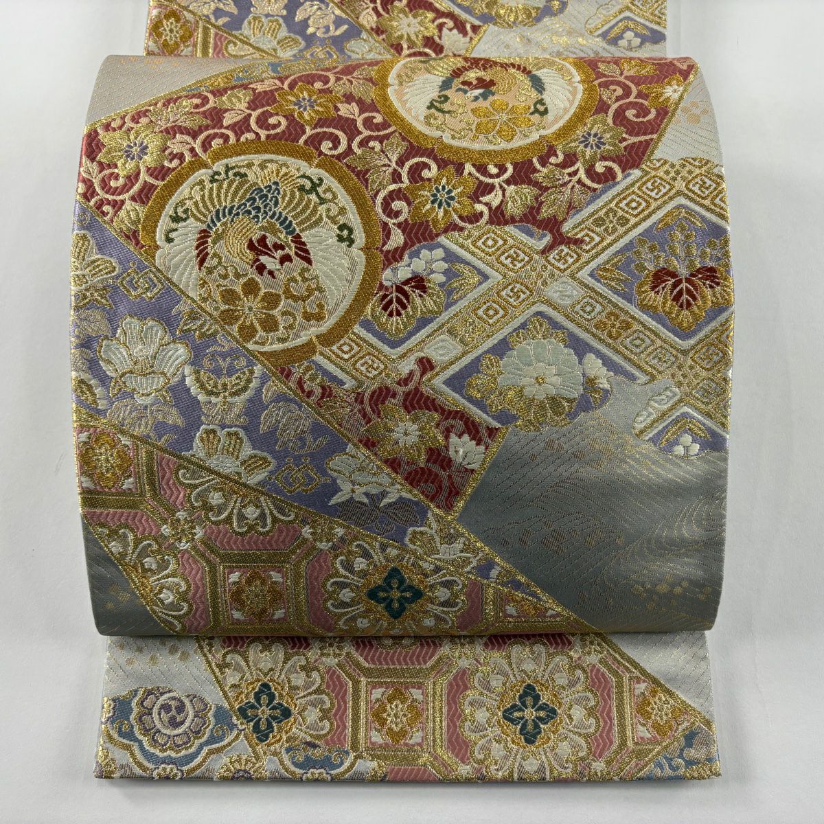 【美品】 袋帶 秀品級 花唐草紋 鳳凰 金絲 金金箔 灰色 六通 純蠶絲