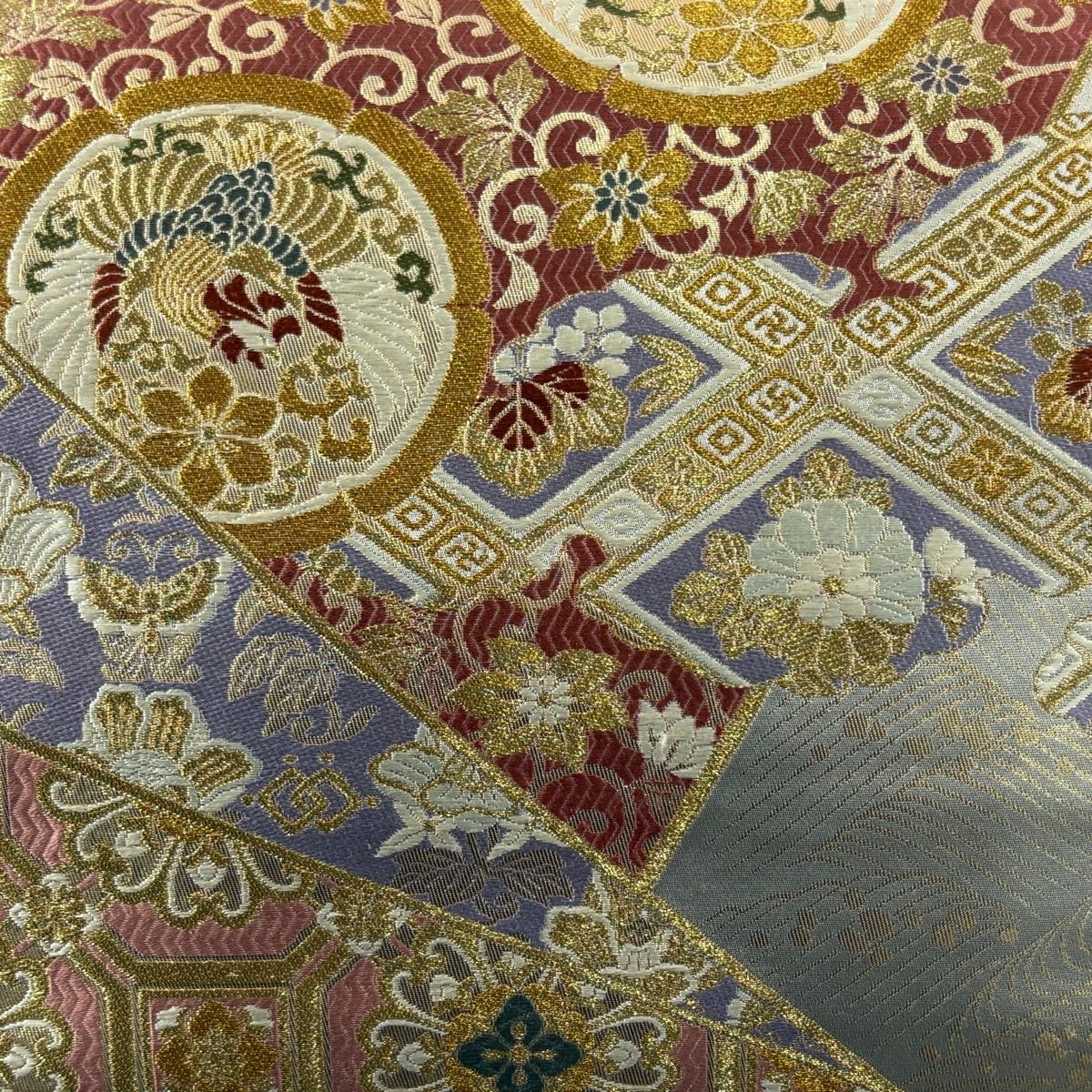【美品】 袋帶 秀品級 花唐草紋 鳳凰 金絲 金金箔 灰色 六通 純蠶絲