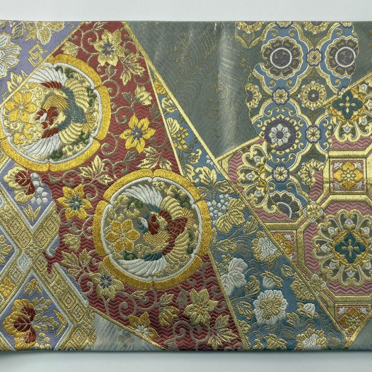 【美品】 袋帶 秀品級 花唐草紋 鳳凰 金絲 金金箔 灰色 六通 純蠶絲