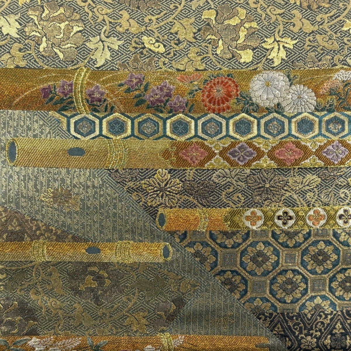 【美品】 袋帶 秀品級 雅樂的旋律 笛 秋草 金絲 金金箔 灰綠 六通 純蠶絲