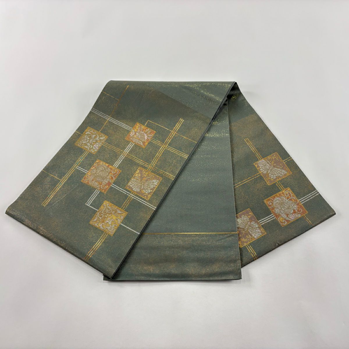 【美品】 袋帶 秀品級 螺鈿本袋 色紙 花蝶 金銀彩 茶綠 純蠶絲