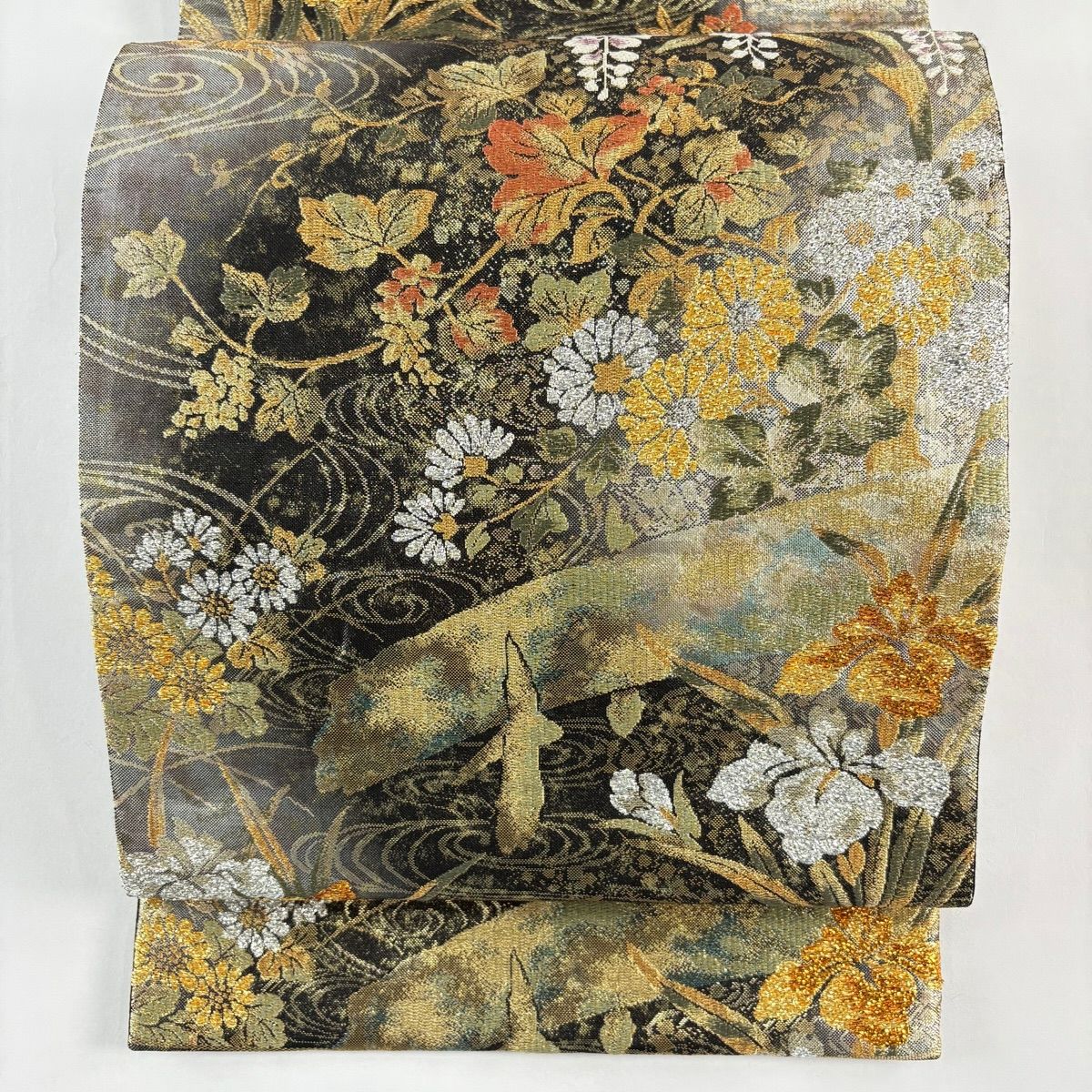 【美品】 袋帶 秀品級 招壽金金箔 琳派八橋紋 金絲 黑 六通 純蠶絲