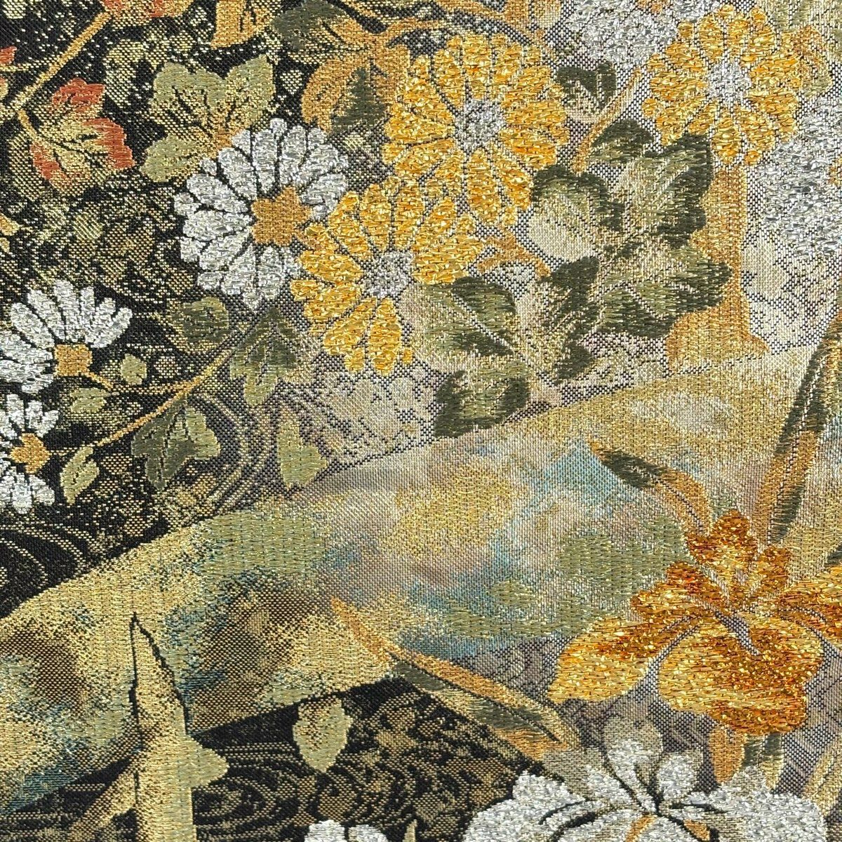 【美品】 袋帶 秀品級 招壽金金箔 琳派八橋紋 金絲 黑 六通 純蠶絲