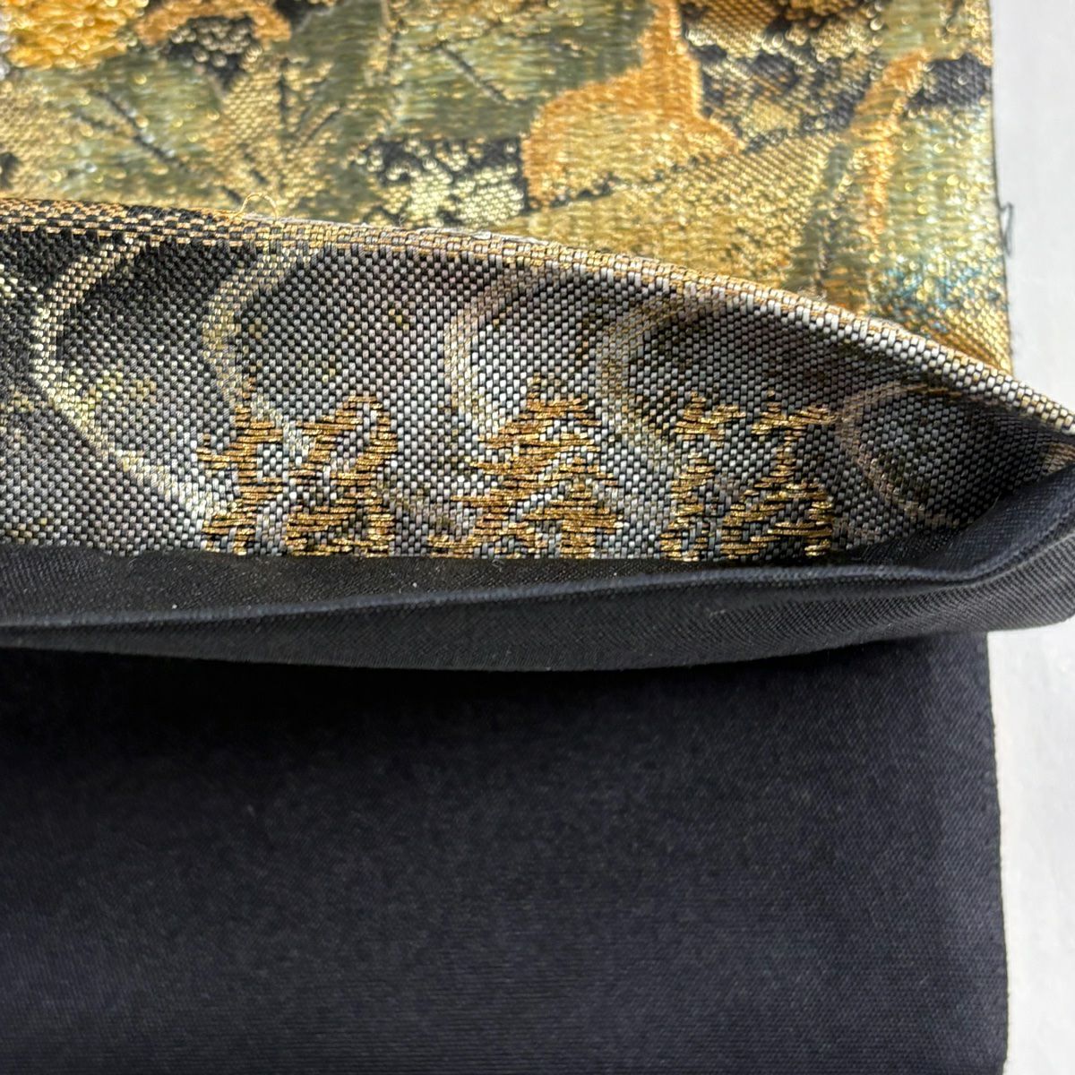 【美品】 袋帶 秀品級 招壽金金箔 琳派八橋紋 金絲 黑 六通 純蠶絲
