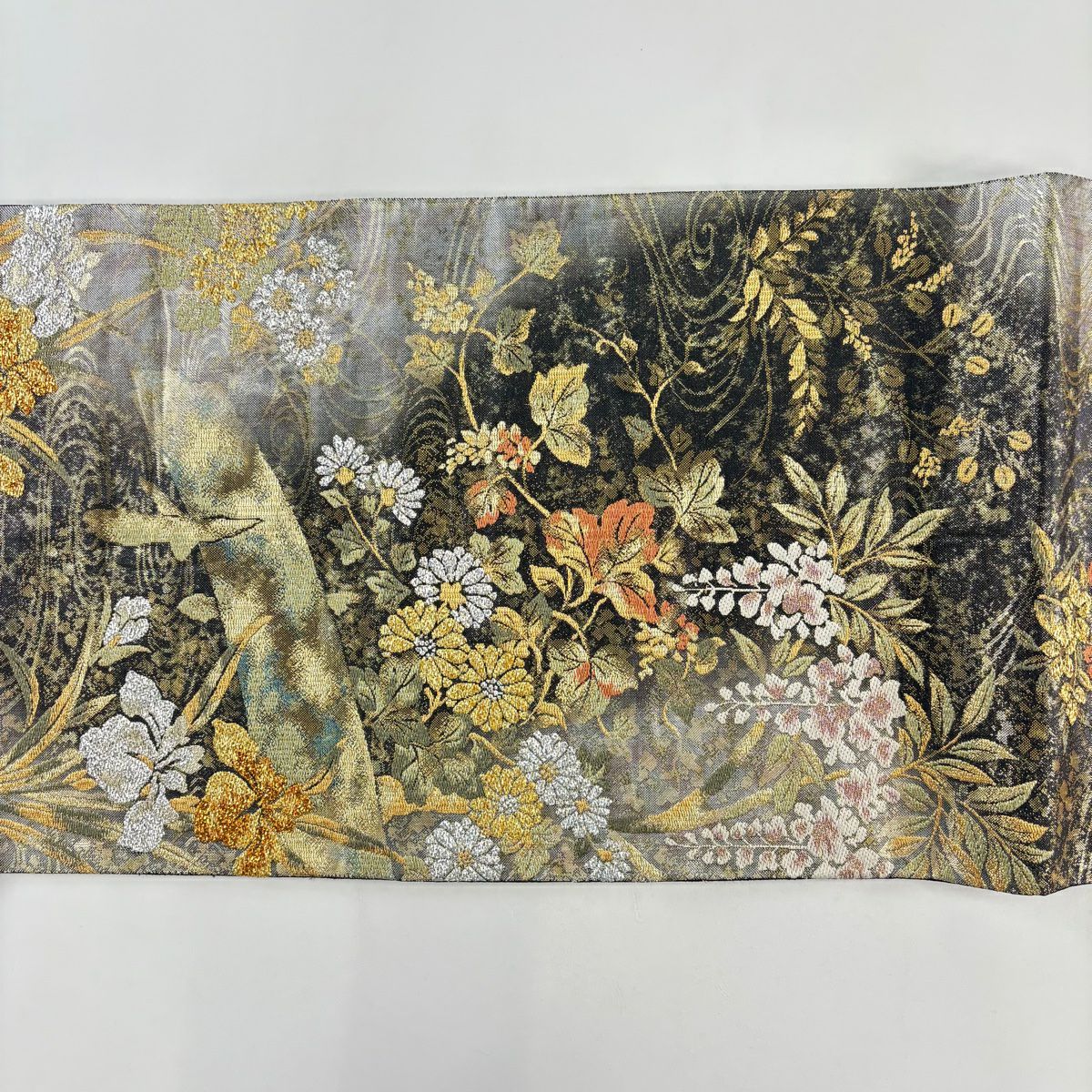【美品】 袋帶 秀品級 招壽金金箔 琳派八橋紋 金絲 黑 六通 純蠶絲