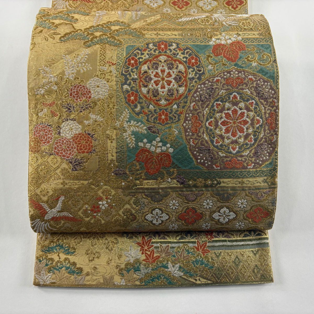 【美品】 袋帶 秀品級 華紋 鳳凰 金絲 唐織 金色 六通 純蠶絲