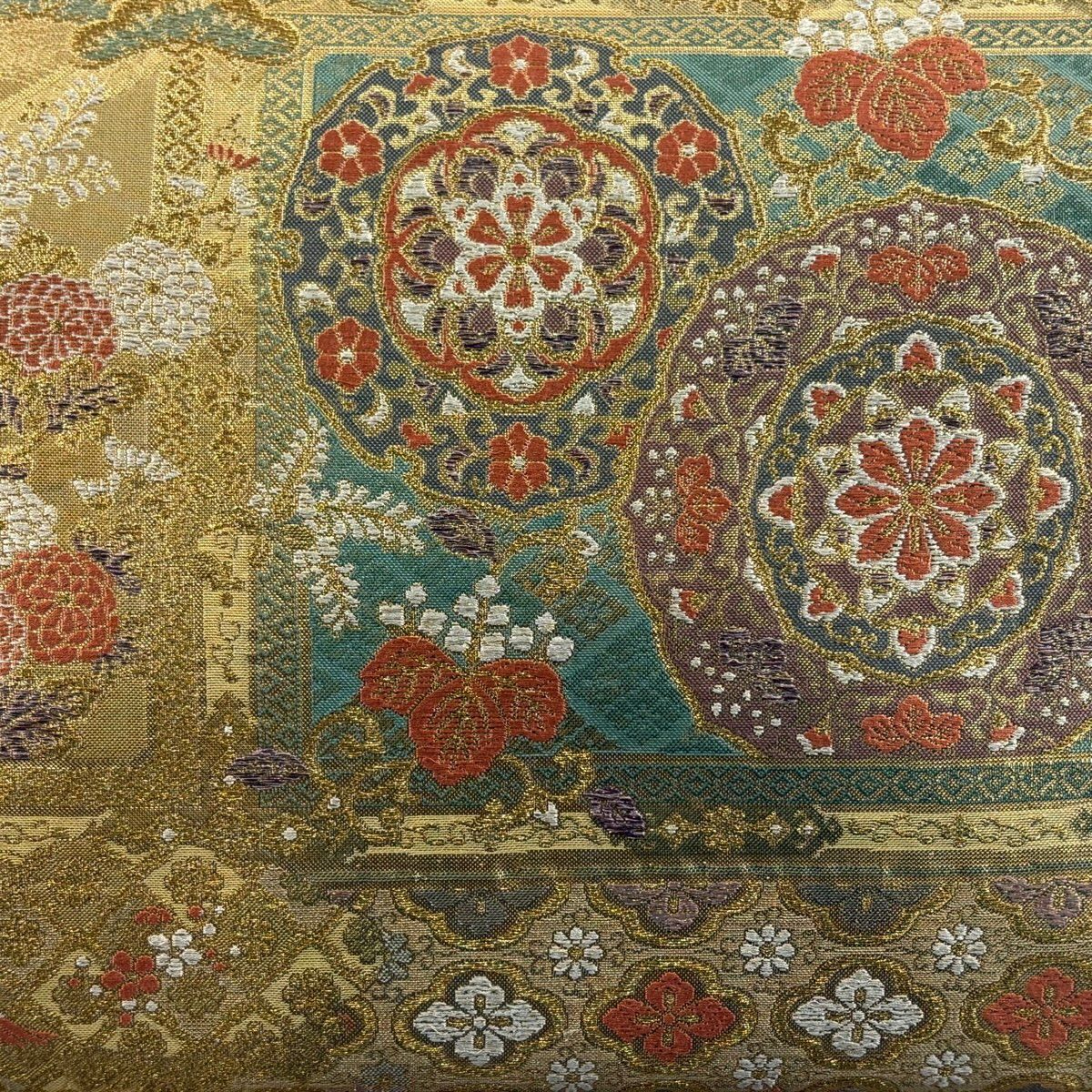 【美品】 袋帶 秀品級 華紋 鳳凰 金絲 唐織 金色 六通 純蠶絲