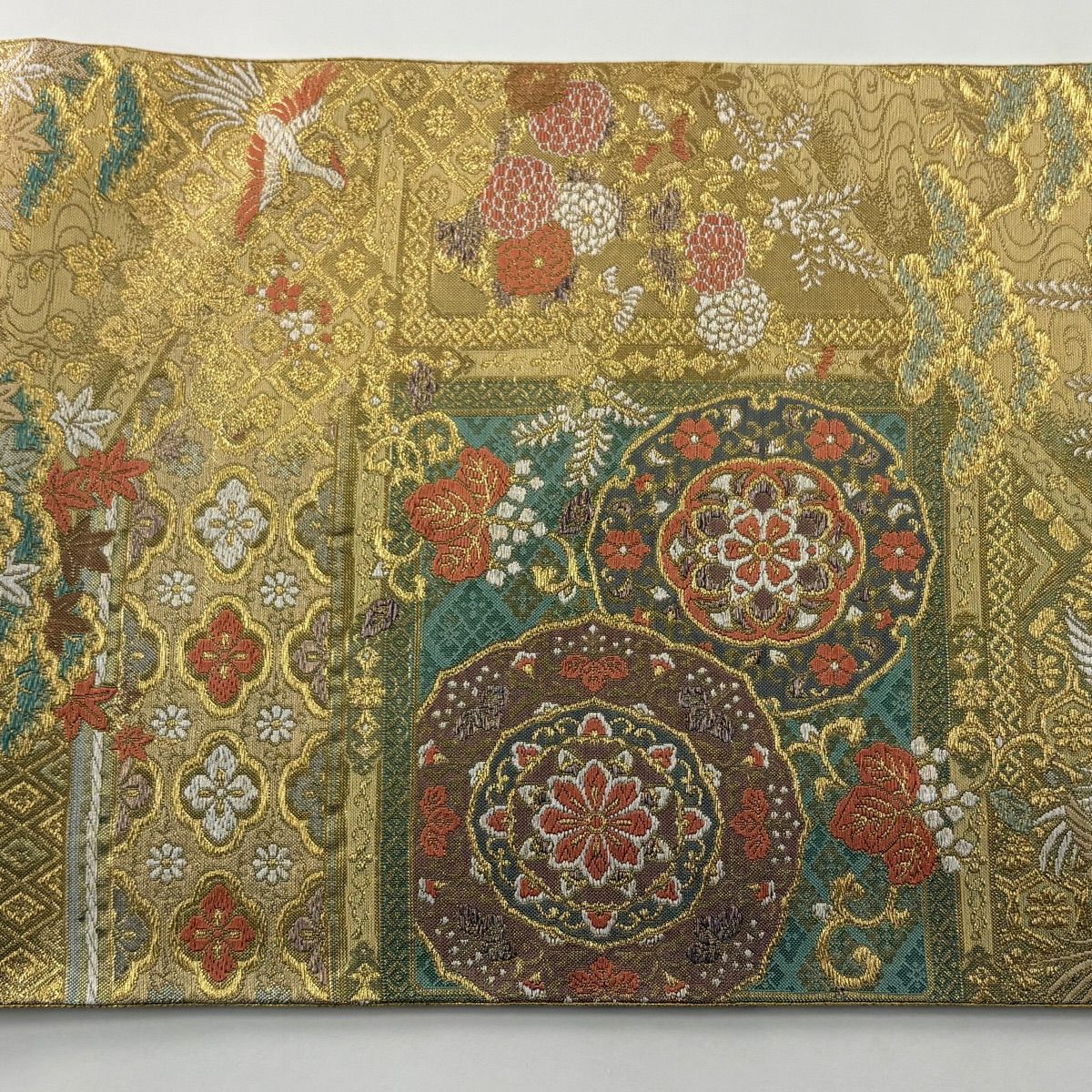 【美品】 袋帶 秀品級 華紋 鳳凰 金絲 唐織 金色 六通 純蠶絲