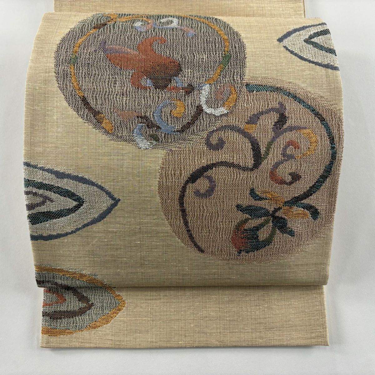 【美品】 袋帶 秀品級 圓文 草花紋 金絲 金金箔 淺茶 細帶圖案 純蠶絲