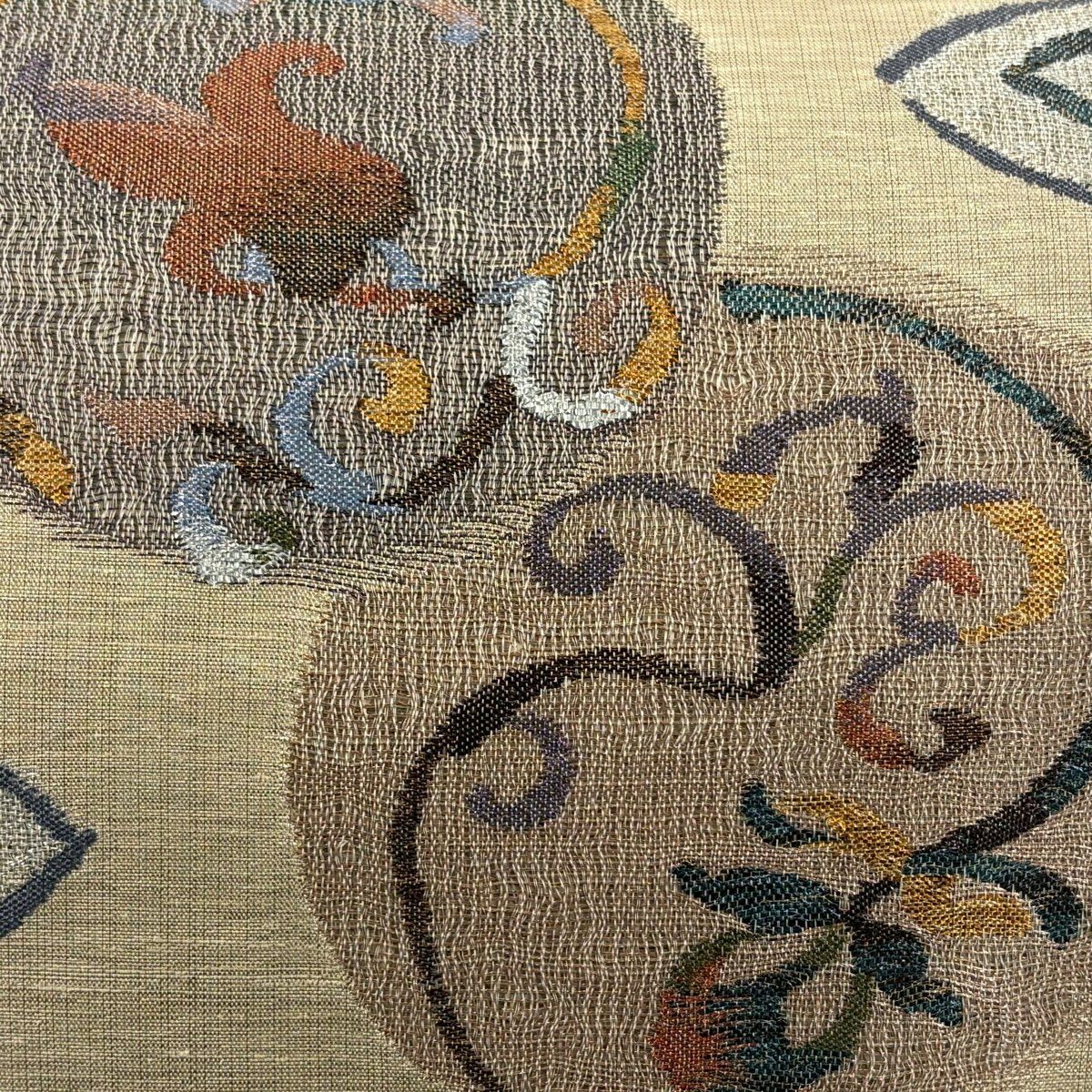 【美品】 袋帶 秀品級 圓文 草花紋 金絲 金金箔 淺茶 細帶圖案 純蠶絲