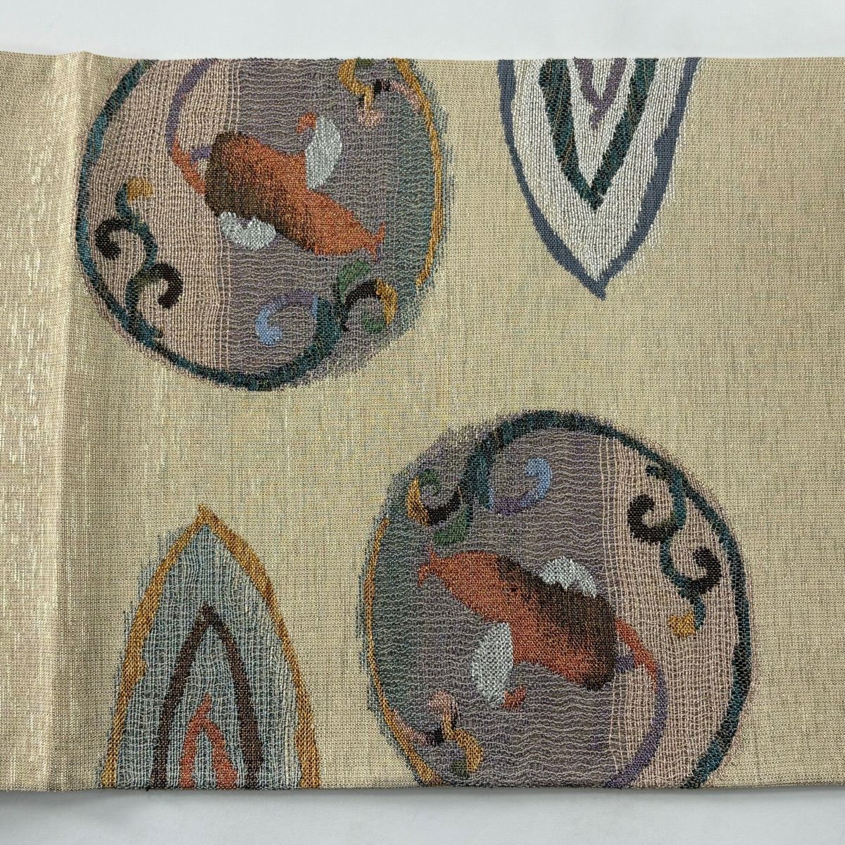【美品】 袋帶 秀品級 圓文 草花紋 金絲 金金箔 淺茶 細帶圖案 純蠶絲