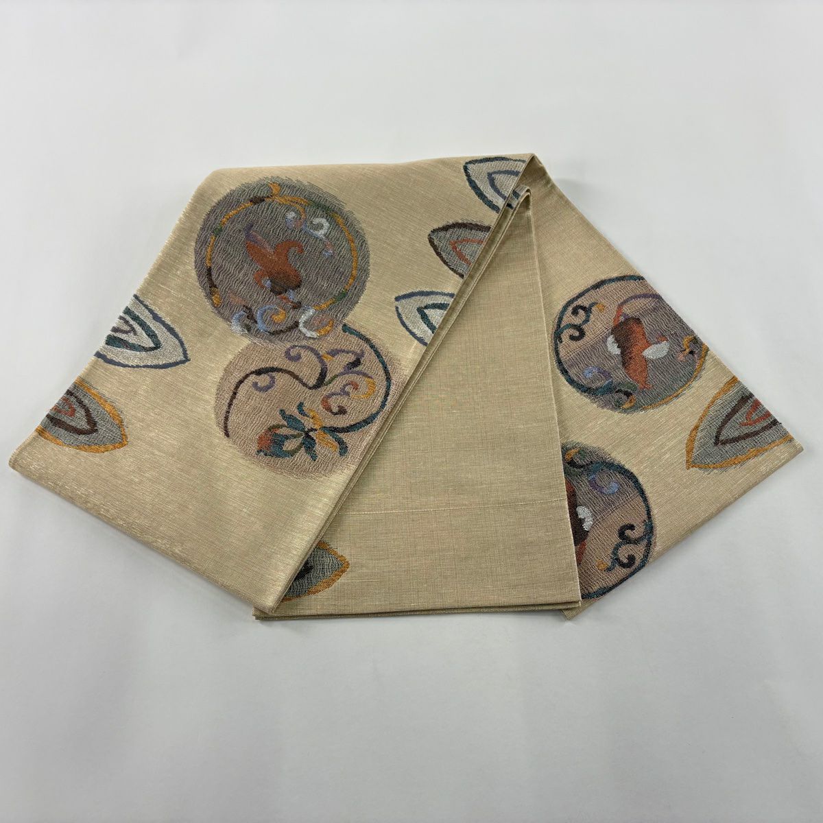 【美品】 袋帶 秀品級 圓文 草花紋 金絲 金金箔 淺茶 細帶圖案 純蠶絲