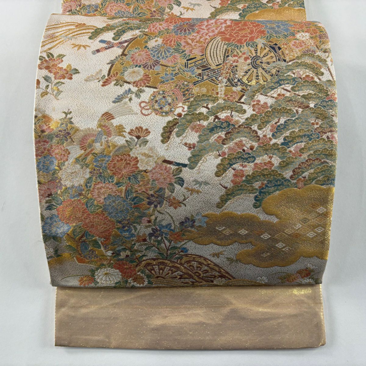 【美品】 袋帶 秀品級 證書齊全 皇鳳錦 花車 片輪車 金絲 金金箔 米色 全通 純蠶絲