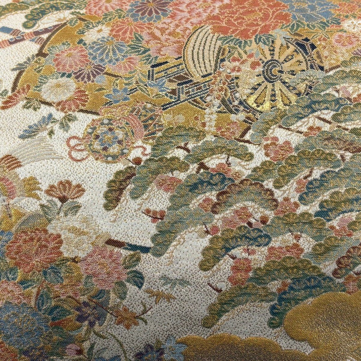 【美品】 袋帶 秀品級 證書齊全 皇鳳錦 花車 片輪車 金絲 金金箔 米色 全通 純蠶絲