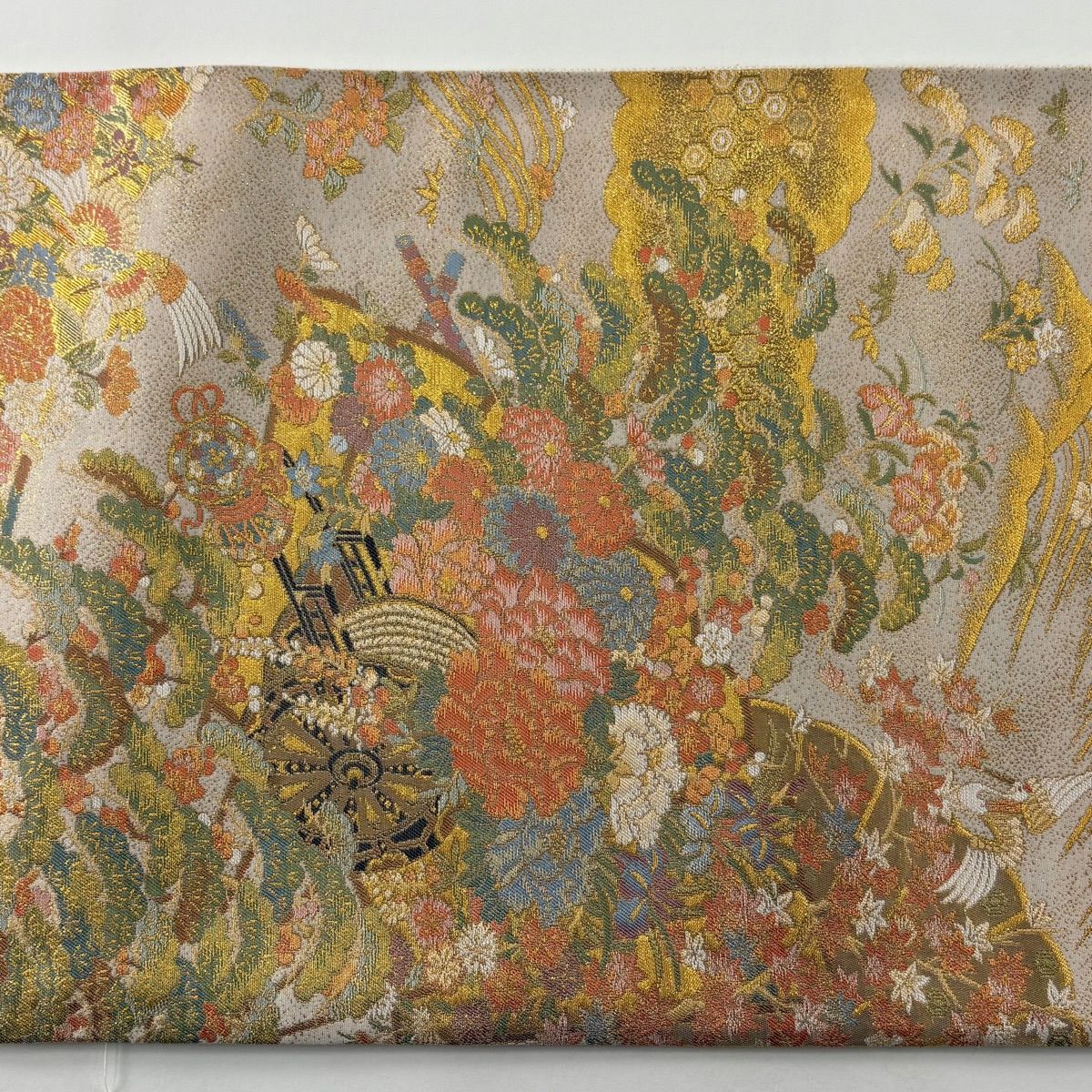 【美品】 袋帶 秀品級 證書齊全 皇鳳錦 花車 片輪車 金絲 金金箔 米色 全通 純蠶絲