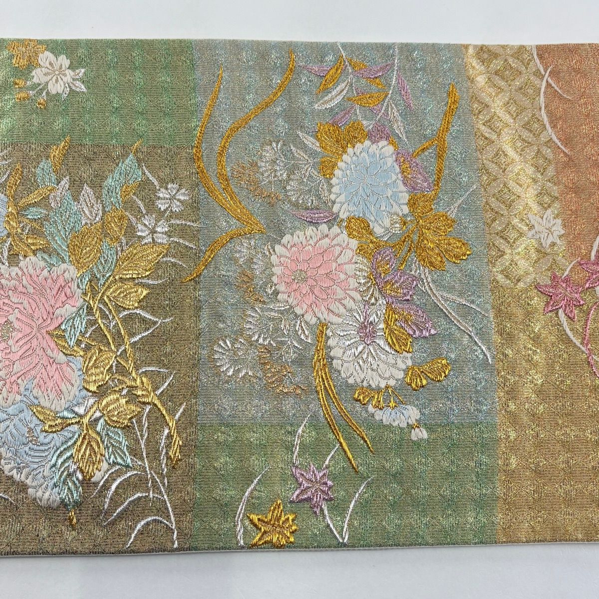 袋帶 秀品級 菊花花 牡丹 金金箔 金銀線 金色 六通 純蠶絲