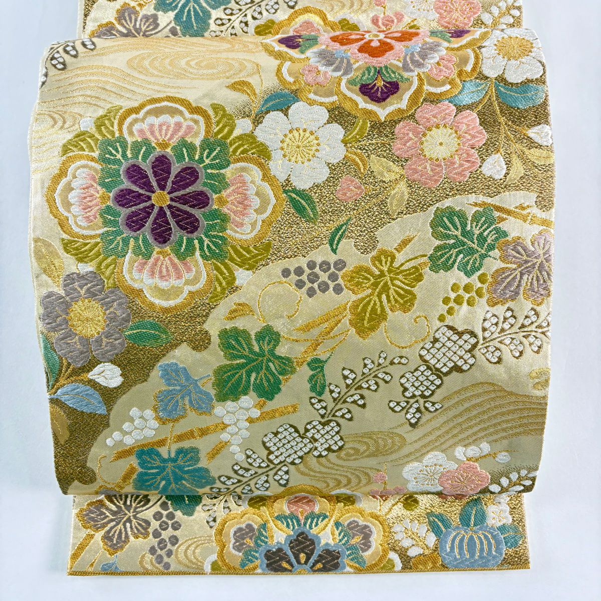 【美品】 袋帶 秀品級 貝紫染 本泥染 華紋 葡萄 金絲 本金金箔 金 六通 純蠶絲