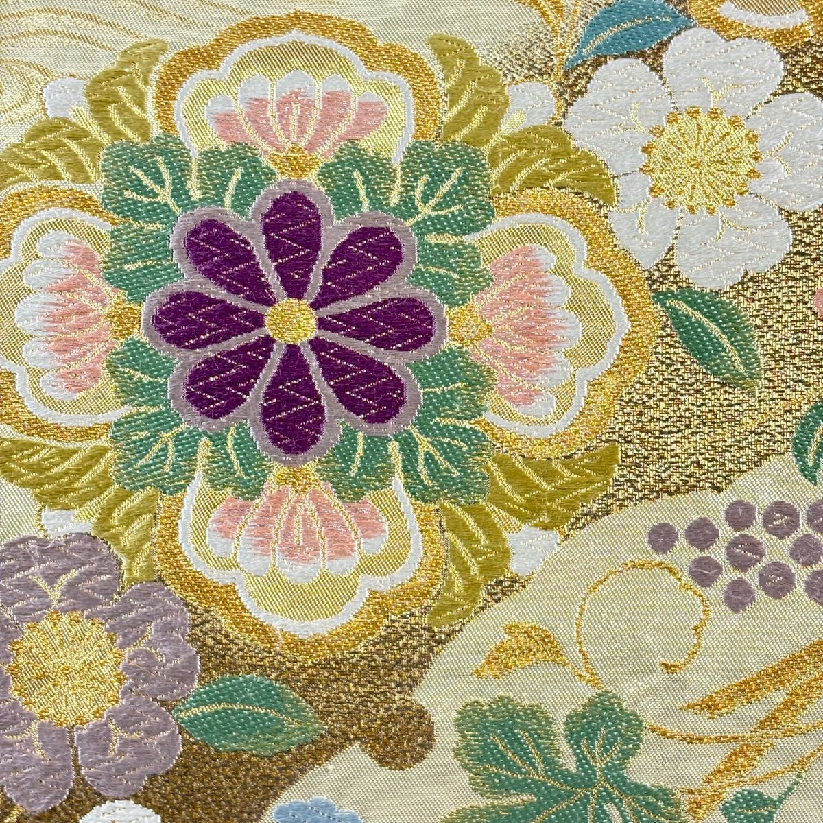 【美品】 袋帶 秀品級 貝紫染 本泥染 華紋 葡萄 金絲 本金金箔 金 六通 純蠶絲