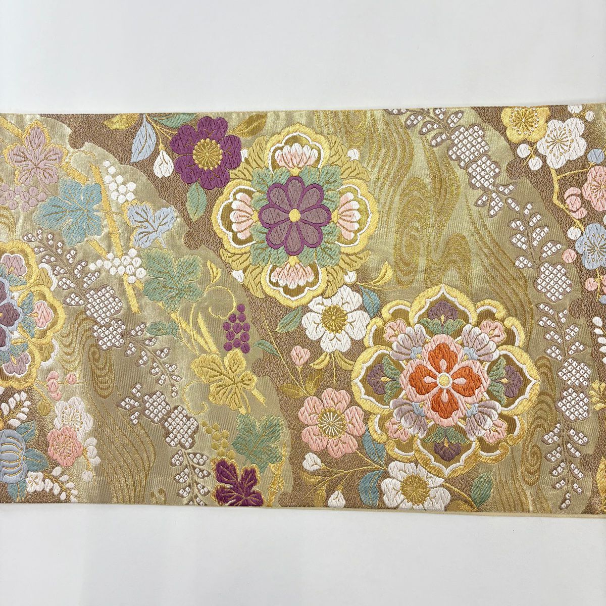 【美品】 袋帶 秀品級 貝紫染 本泥染 華紋 葡萄 金絲 本金金箔 金 六通 純蠶絲