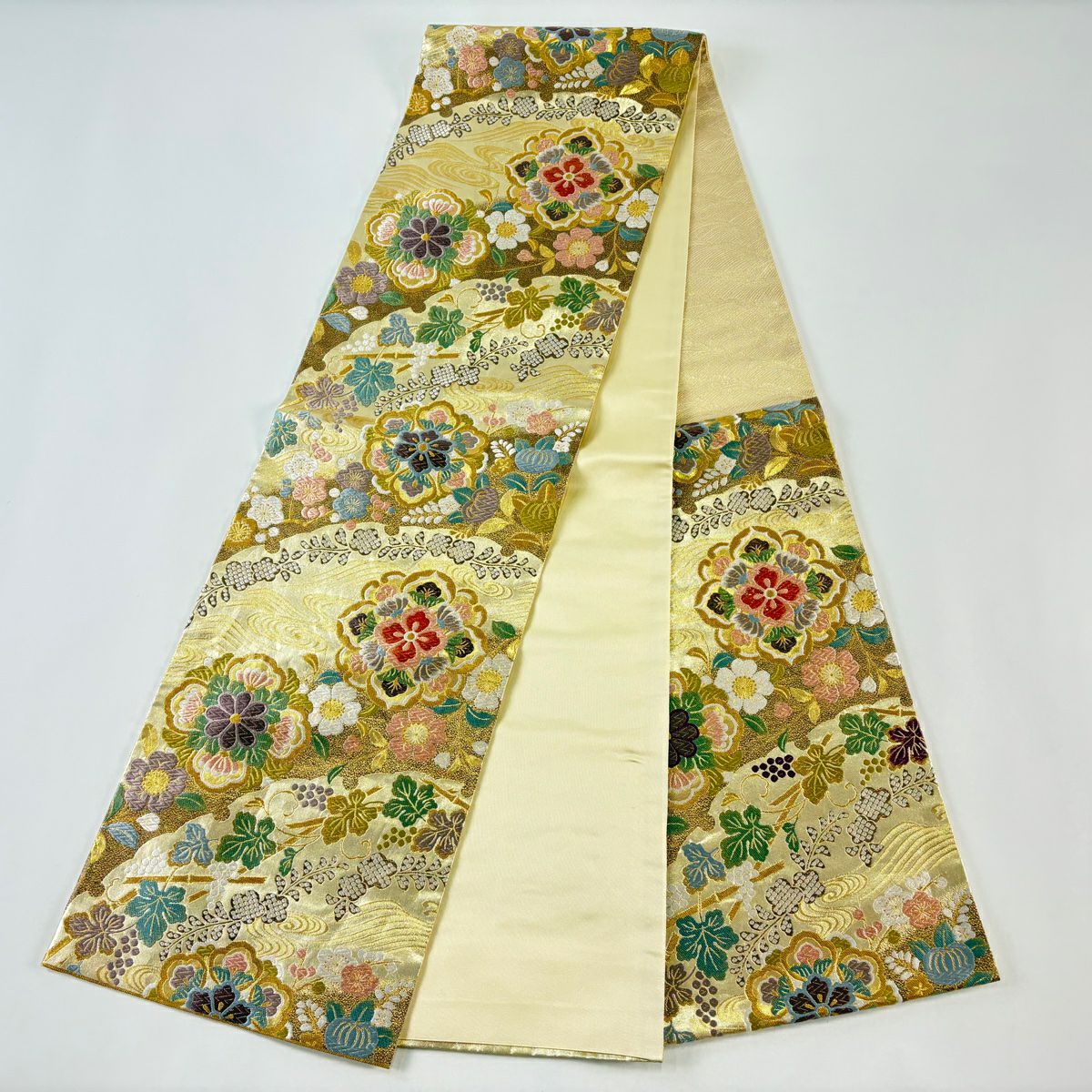 【美品】 袋帶 秀品級 貝紫染 本泥染 華紋 葡萄 金絲 本金金箔 金 六通 純蠶絲