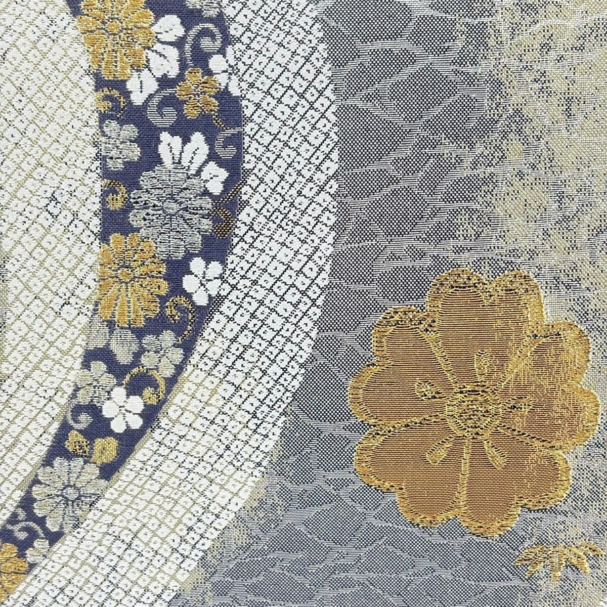 【美品】 袋帶 秀品級 流水小袖紋 櫻花 金銀線 金金箔 銀色 六通 純蠶絲