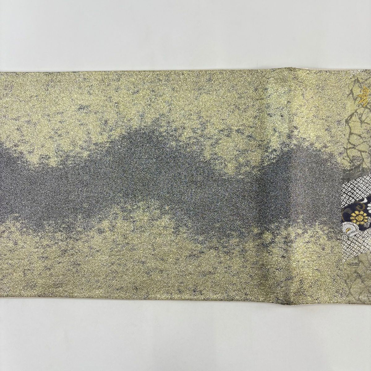 【美品】 袋帶 秀品級 流水小袖紋 櫻花 金銀線 金金箔 銀色 六通 純蠶絲