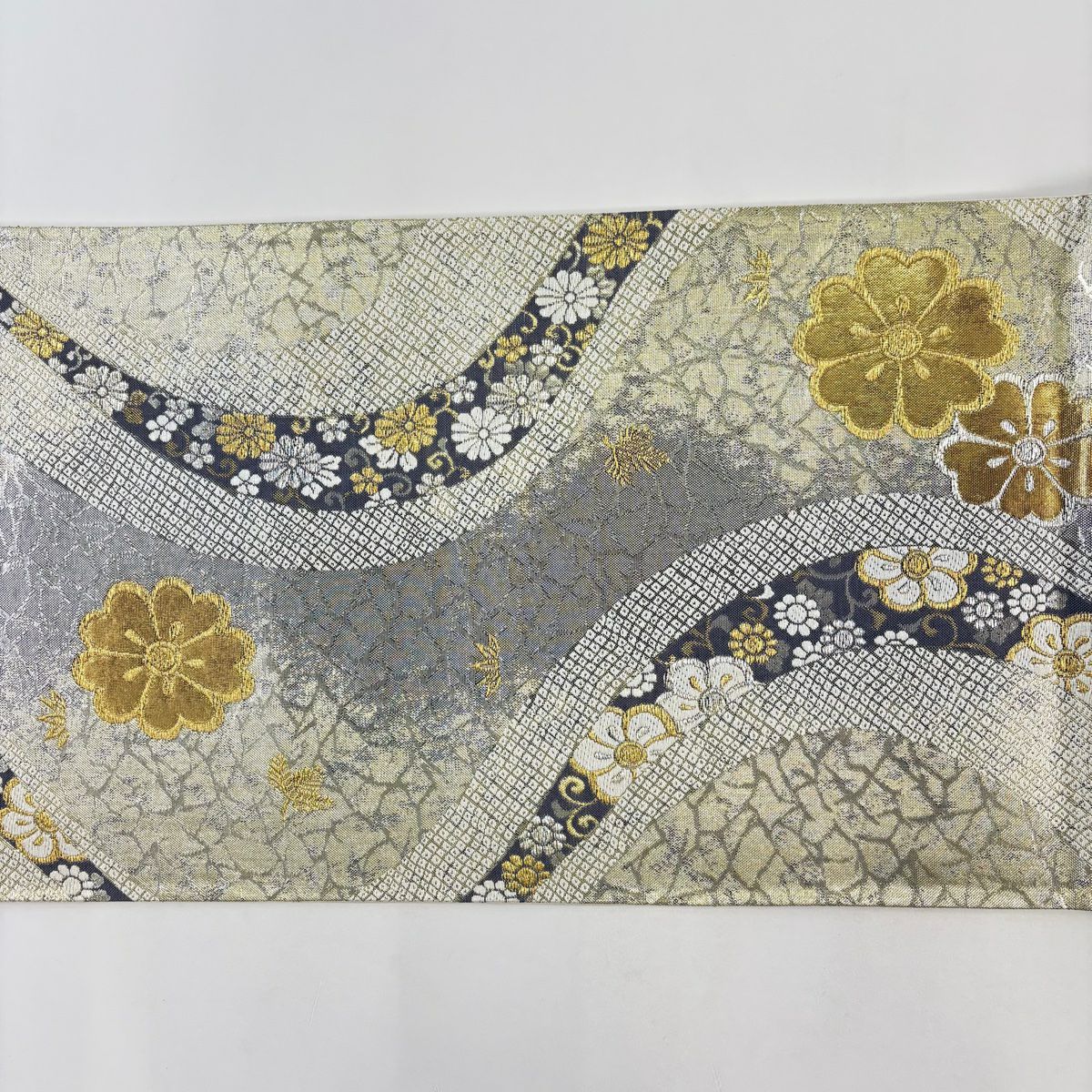 【美品】 袋帶 秀品級 流水小袖紋 櫻花 金銀線 金金箔 銀色 六通 純蠶絲