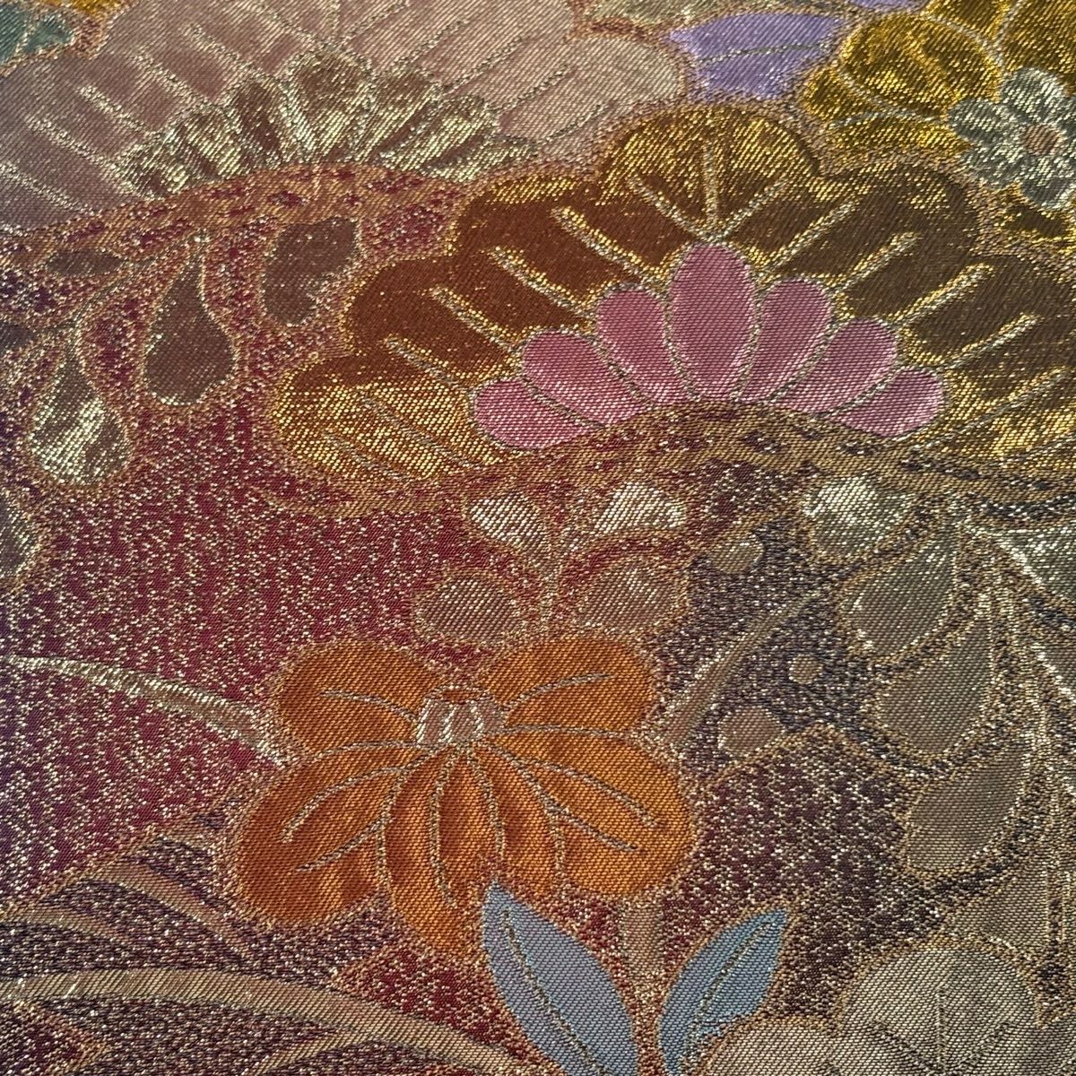 【美品】 袋帶 秀品級 笠松樹 草花紋 金糸 金金箔 紫 六通 純蠶絲