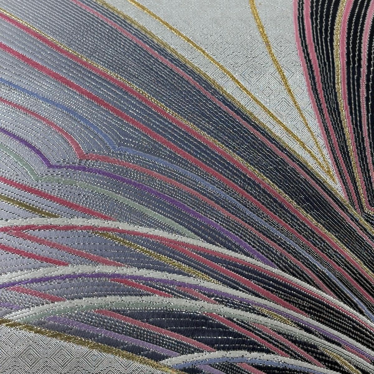 【美品】 袋帶 秀品級 幾何學圖案 入子菱 金絲 金金箔 銀色 六通 純蠶絲