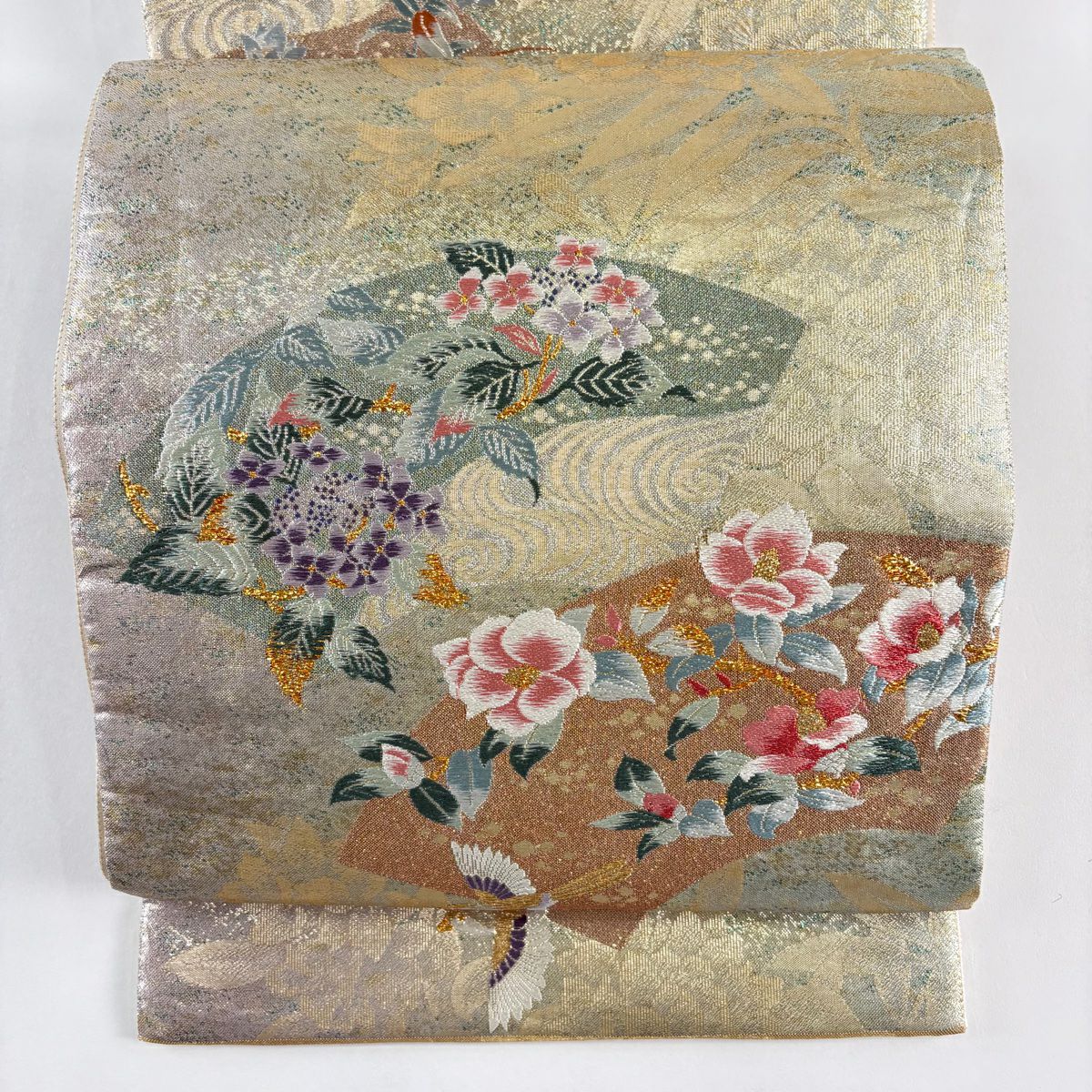 袋帶 秀品級 扇子面 椿 金絲 金金箔 金色 六通 純蠶絲