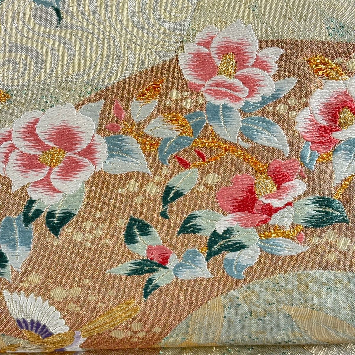 袋帶 秀品級 扇子面 椿 金絲 金金箔 金色 六通 純蠶絲
