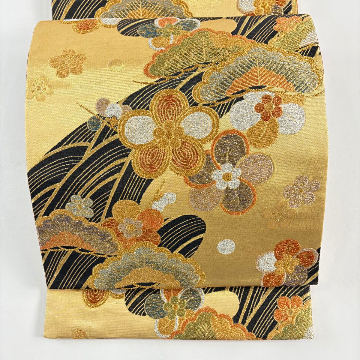 【美品】 袋帶 秀品級 松樹梅花 波 金絲 金金箔 金 六通 純蠶絲