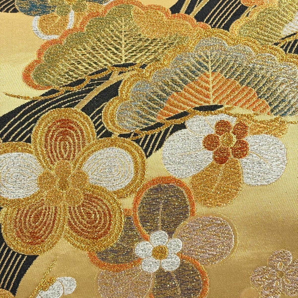 【美品】 袋帶 秀品級 松樹梅花 波 金絲 金金箔 金 六通 純蠶絲