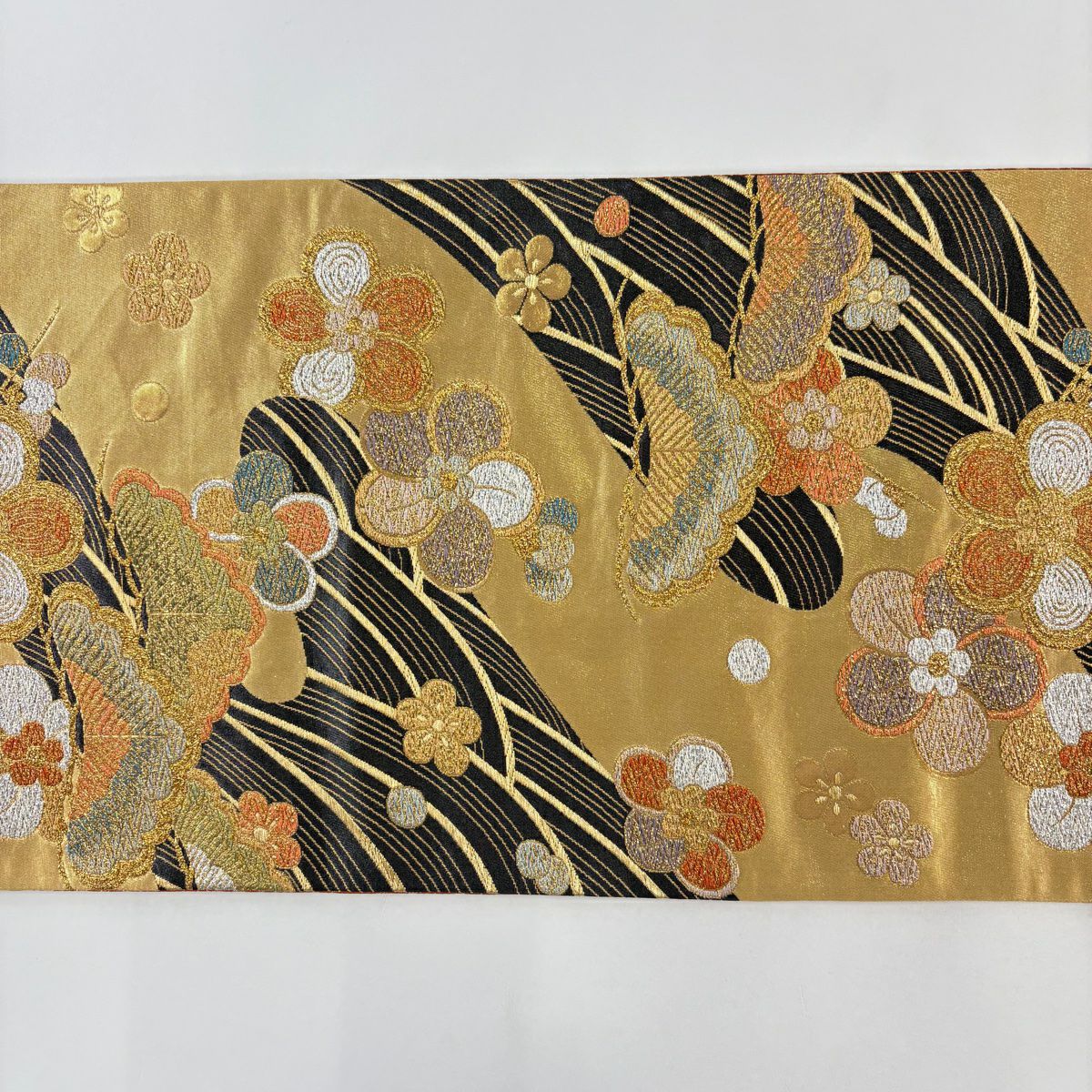 【美品】 袋帶 秀品級 松樹梅花 波 金絲 金金箔 金 六通 純蠶絲