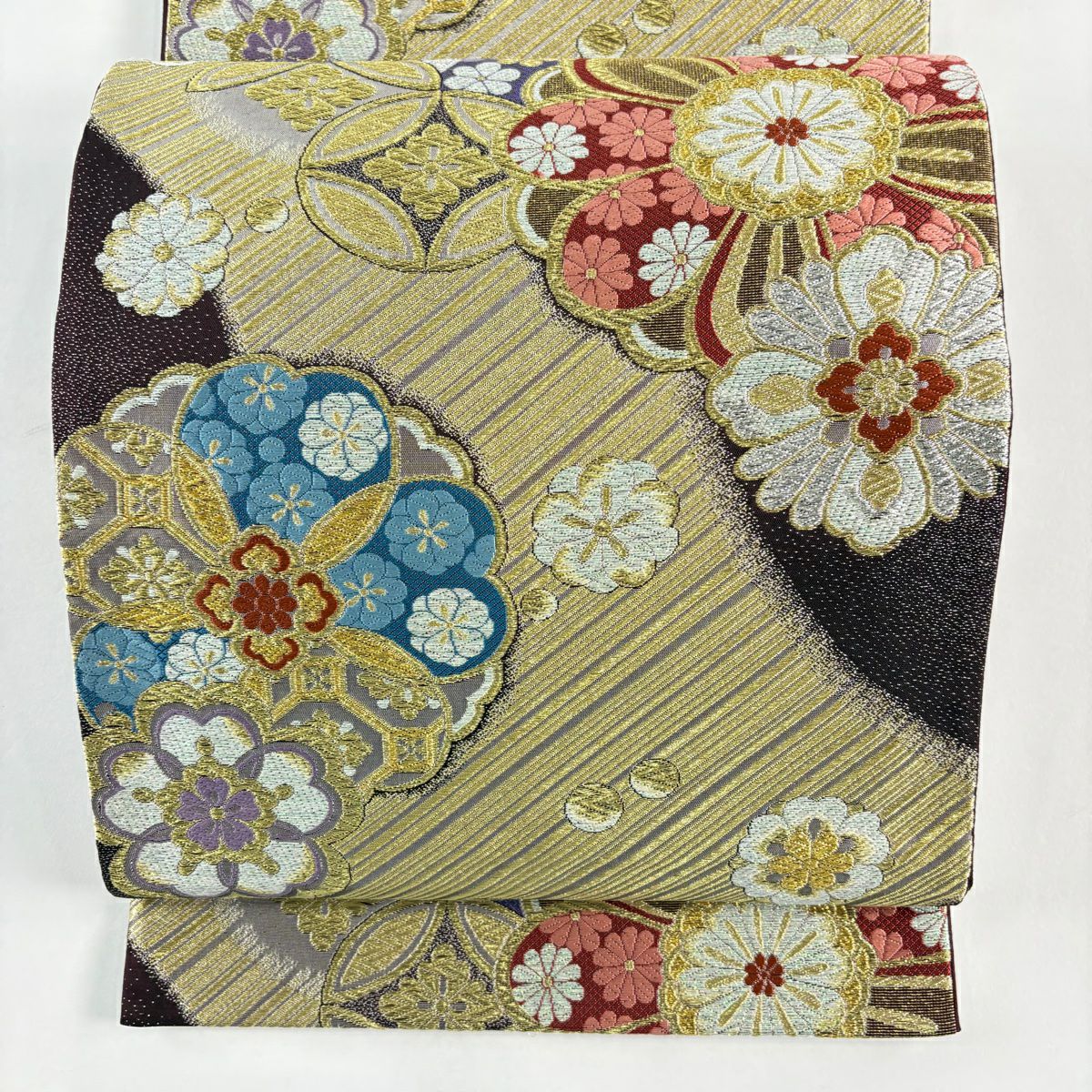 【美品】 袋帶 秀品級 華紋 斜紋 金絲 金金箔 深紫 六通 純蠶絲