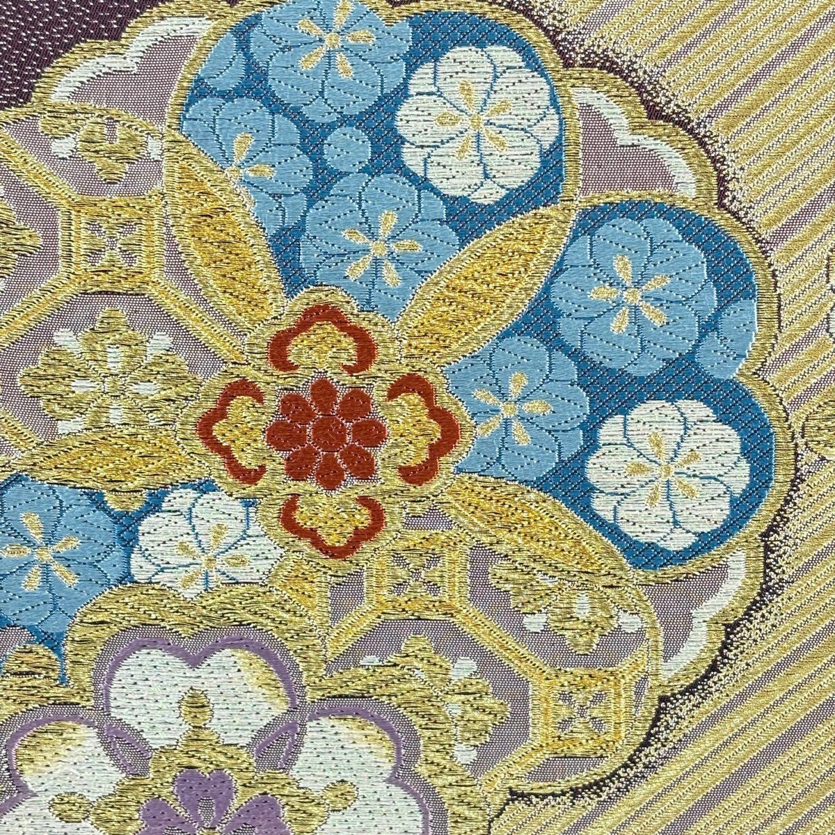 【美品】 袋帶 秀品級 華紋 斜紋 金絲 金金箔 深紫 六通 純蠶絲